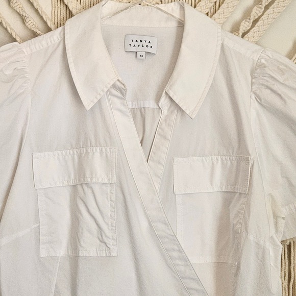 Tanya Taylor White Cotton Blend Short Puff Sleeve Wrap Blouse Sandra Top Size 14 - Picture 6 of 12
